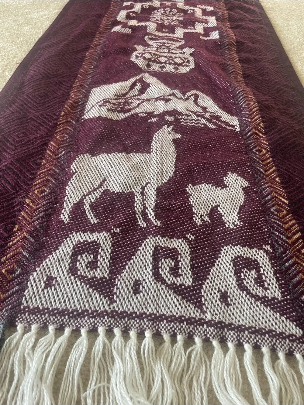 Handmade in Peru Patterned Tassel Scarf Vest - Burgundy Cream. OS